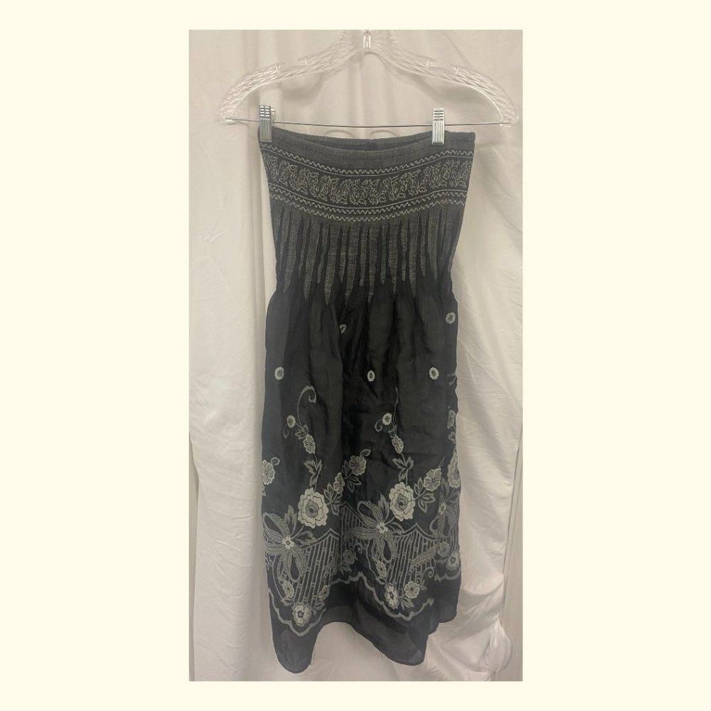 ANTHROPOLOGIE LAPIS GRAY SMOCKED STRAPLESS FLORAL DRESS